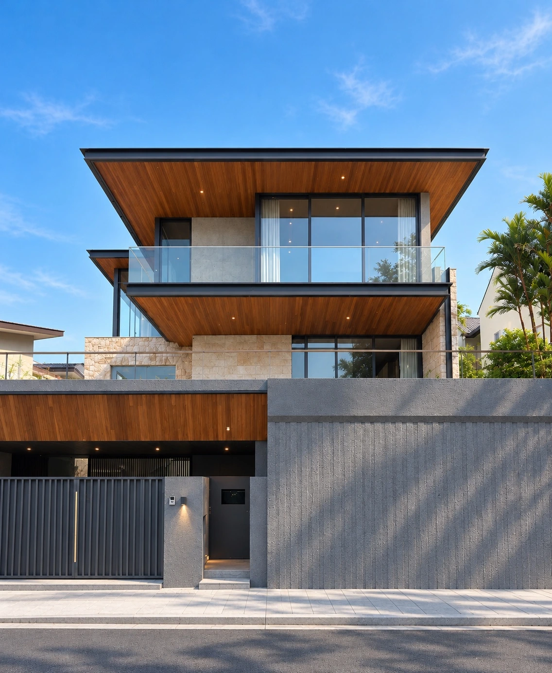 Front elevation with timber-lined overhangs and a glazed balcony