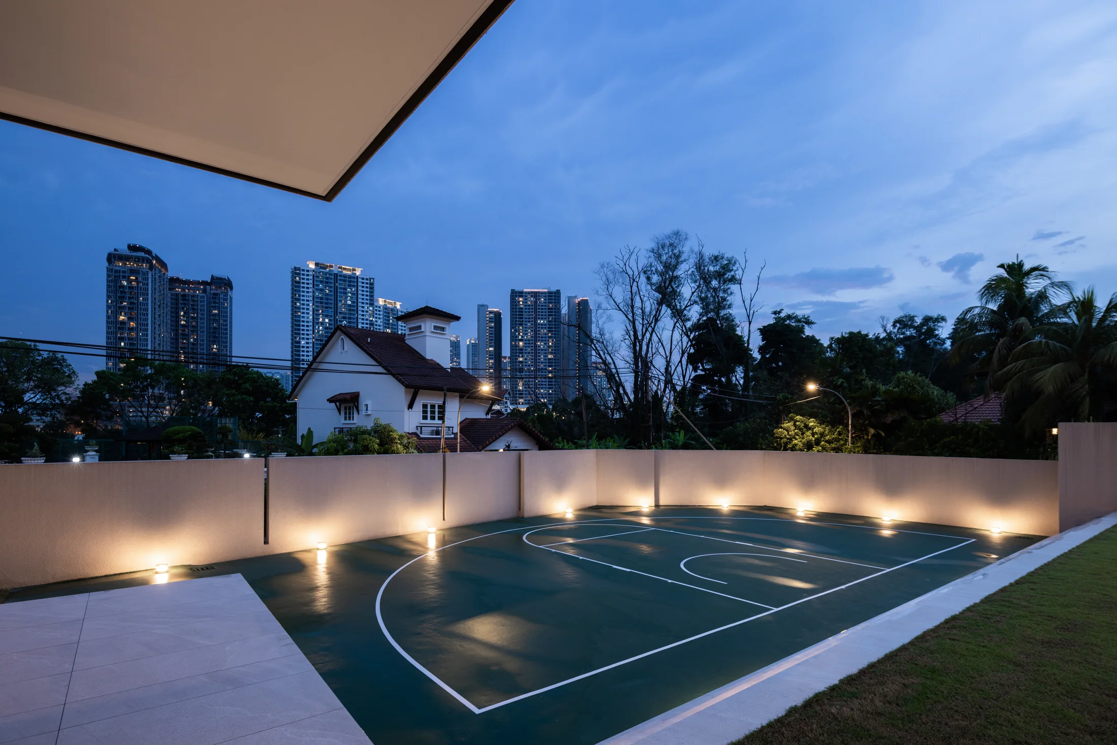 Pool and terrace at dusk