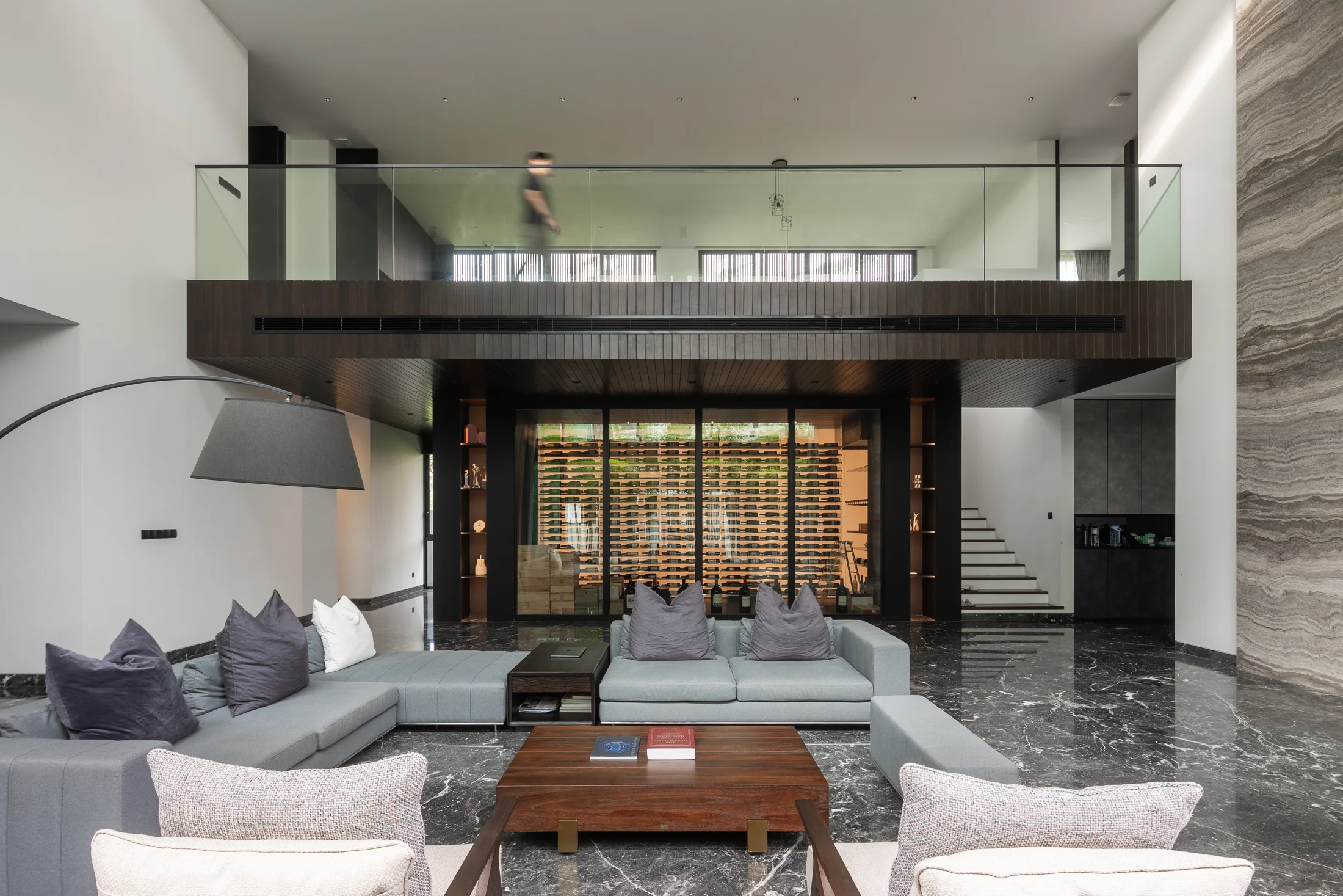 Living room beneath the upper gallery